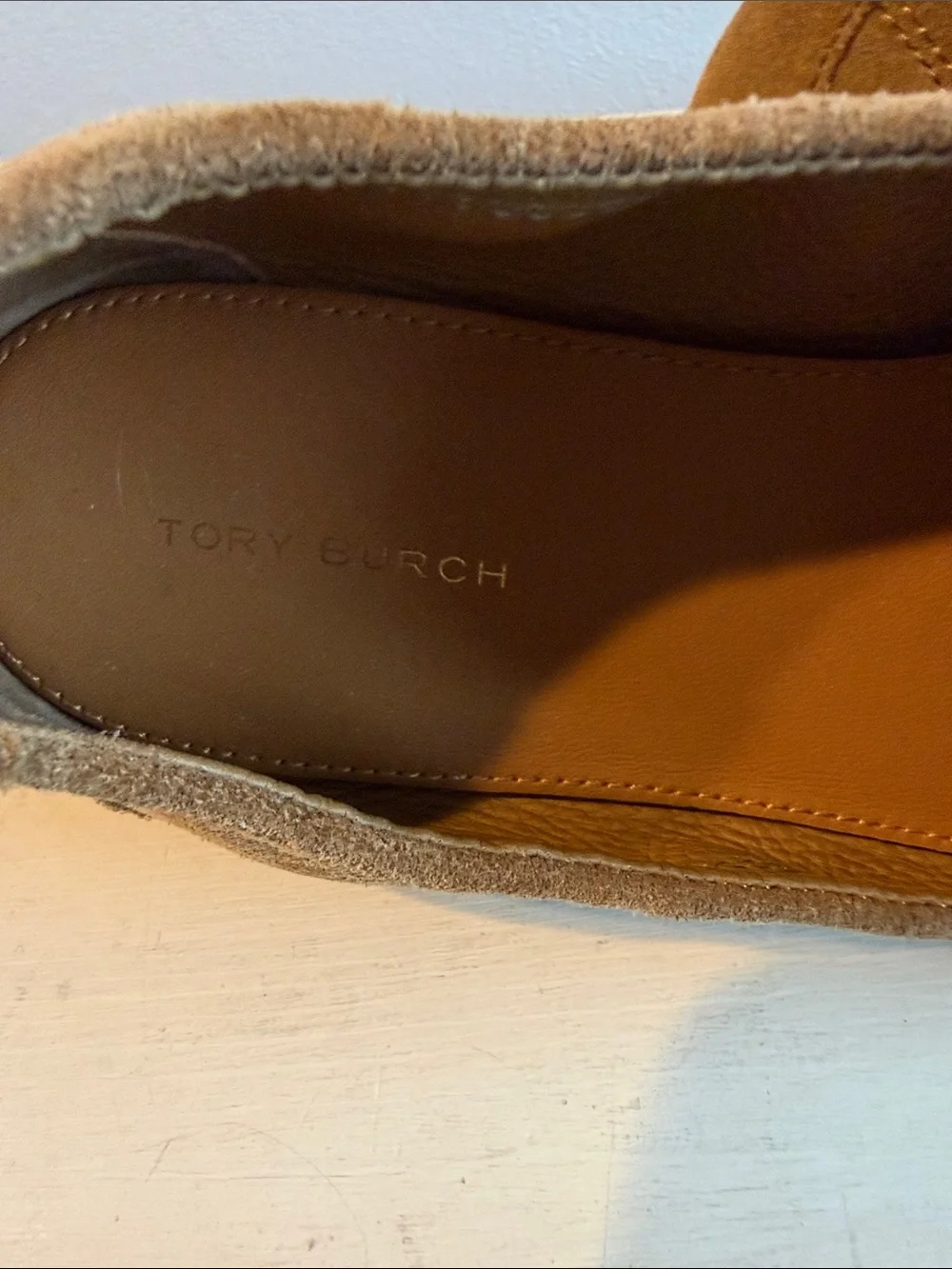 Tory Burch Tan Suede Loafers with Gold Logo